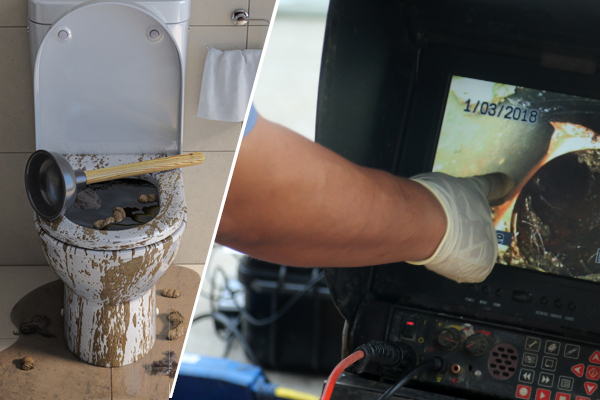 picture of an overflowing toilet, and a man doing a camera inspection of a drain